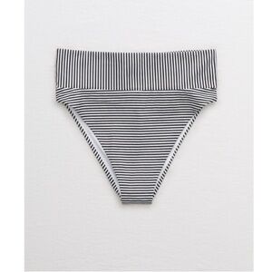 Aerie High Cut Cheeky Swim Bottoms - black & white stripes, Large.